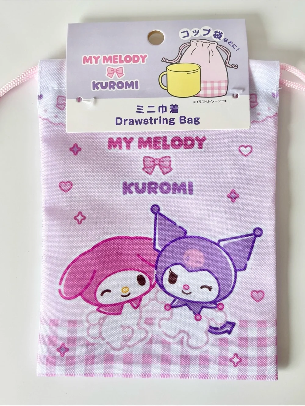 My Melody And Kuromi Heart Print Checkered Print Mini Drawstring Bag NWT